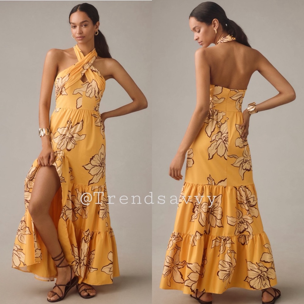 Anthropologie Hutch Yellow Floral Halter Maxi Dress Open Back Wedding Guest 12